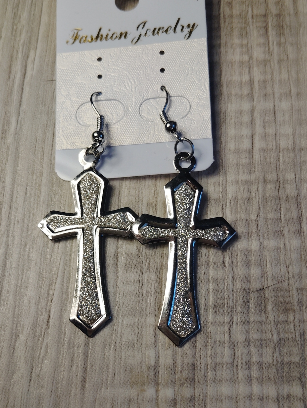 Fashion Jewelry Silver Glitter Cross Drop Earrings